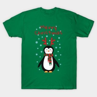 Merry christmas! Penguin with scarf and reindeer antlers. T-Shirt